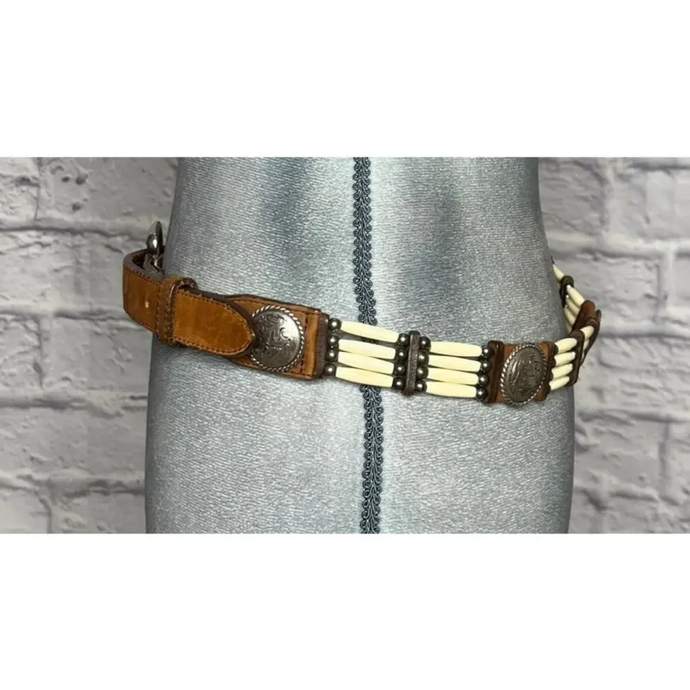 Vintage Tony Lama Western Hair Pipe Bone Bead and Concho Leather Belt